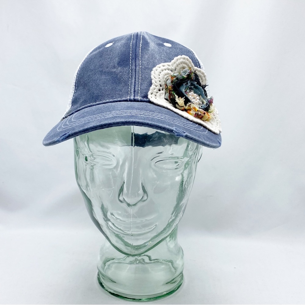 Denim and Crochet Lace Flower Decorated Trucker Hat NEW